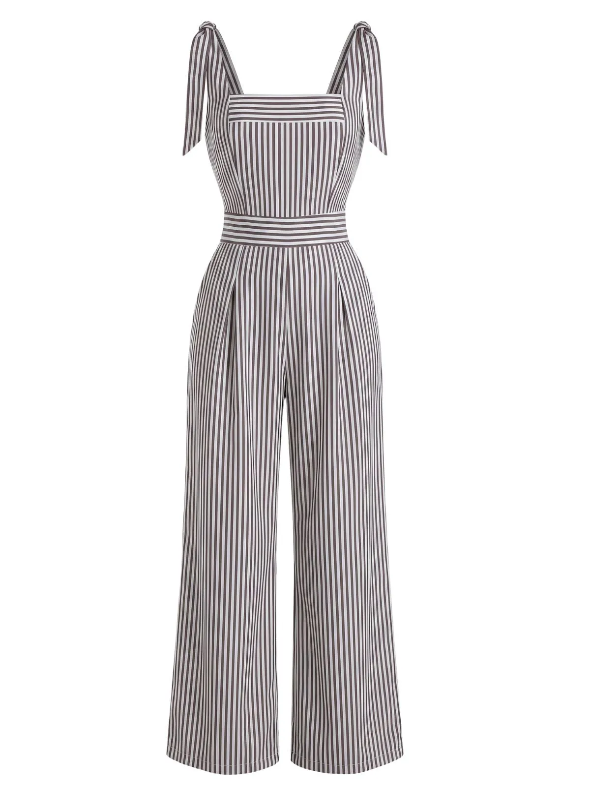 Grey 1940s Stripe Sleeveless Shoulder Tie Waist Wide Leg Jumpsuit sold by Retro Stage