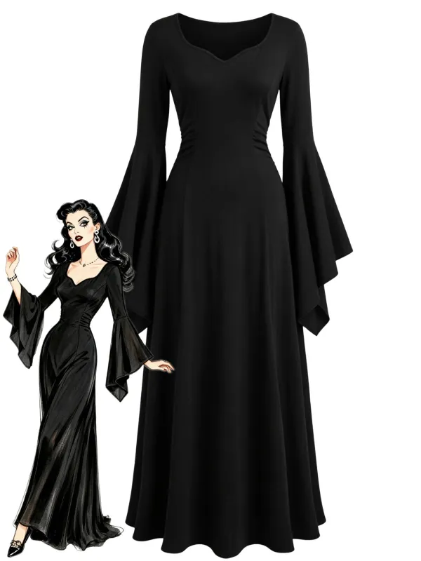 Black 1970s Gothic Sweetheart Neck Bell Sleeve Maxi Dress made by Retro Stage