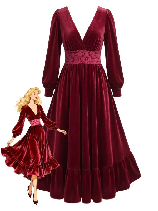 Red 1950s Velvet Lace Waist V Neck Ruffle Dress made by Retro Stage