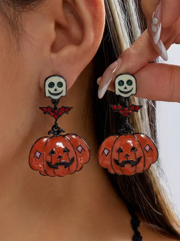 Orange Halloween Skull Pumpkin Bat Drop Earrings made by Retro Stage