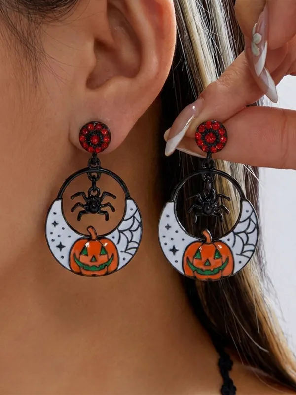 Orange Halloween Pumpkin Spider Moon Rhinestone Earrings made by Retro Stage