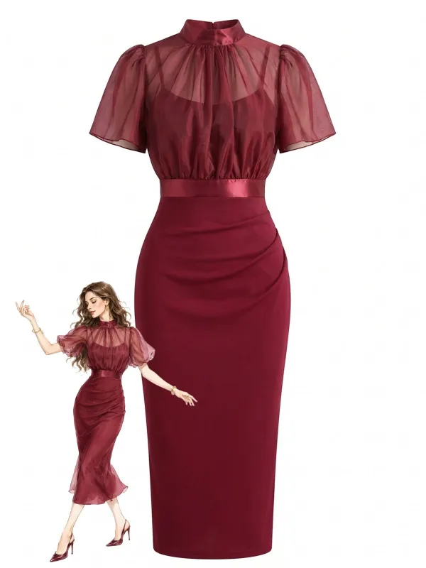 Burgundy 1960s Ruched Spaghetti Strap Pencil Dress & Sheer Overlay Top made by Retro Stage