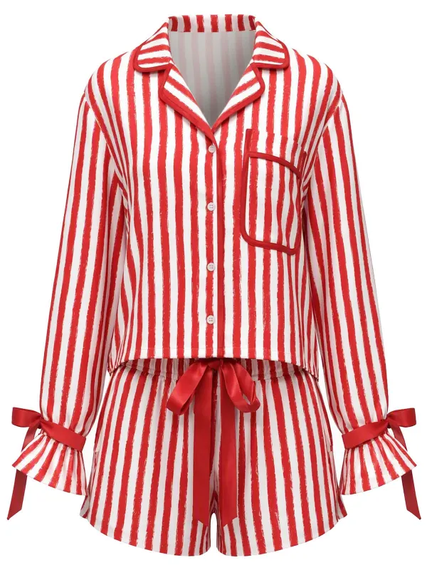 [Pre-Sale] Red & White 1950s Vertical Stripe Ribbon Pajama Shorts Set made by Retro Stage