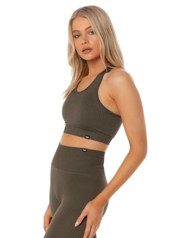 Ribbed Seamless Support Bra - Olive sold by Elite Eleven
