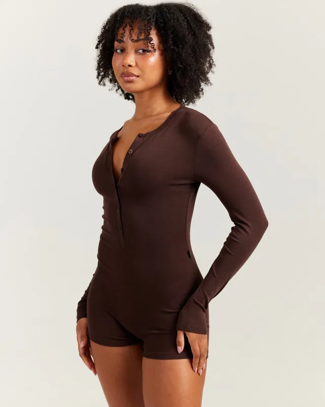 EE Lounge Button Up Unitard - Espresso sold by Elite Eleven