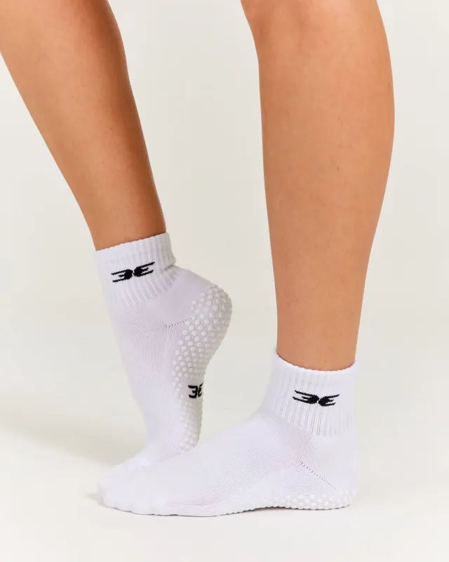 EE Mid Crew Pilates Grip Socks - White/White sold by Elite Eleven