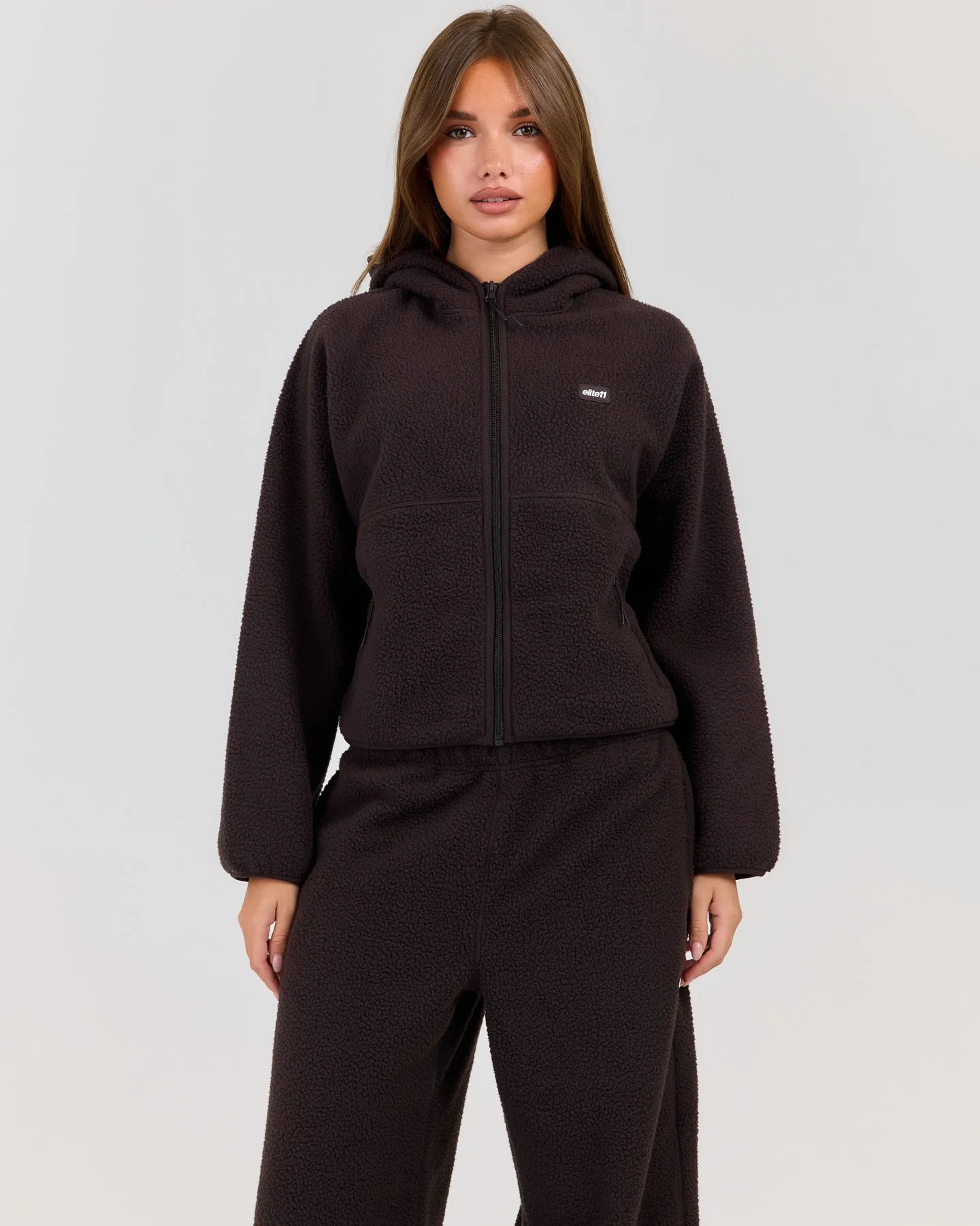 Teddy Fleece Zip Through Hoodie - Coffee Bean sold by Elite Eleven