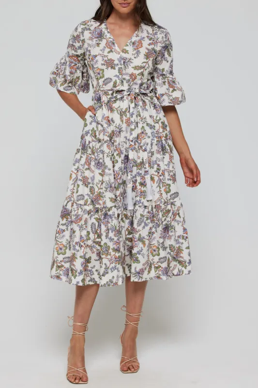 Tiff Belted Tie Waist V Neck Midi Dress in Ethnic Floral sold by Hermoza