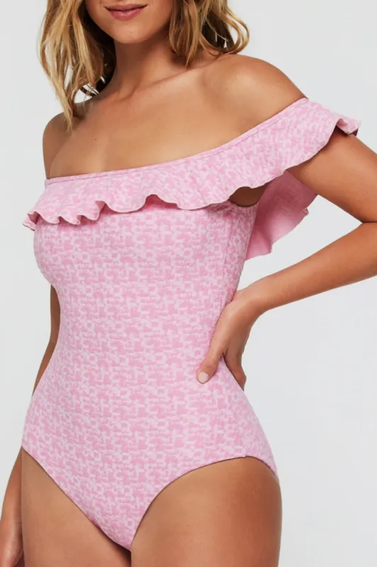 Toni Off-The-Shoulder Ruffle One-Piece Swimsuit in Coral Weave sold by Hermoza