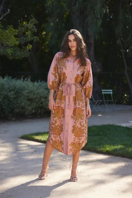 Cecilia Collared Button Front Shirt Midi Dress in Dusty Rose sold by Hermoza
