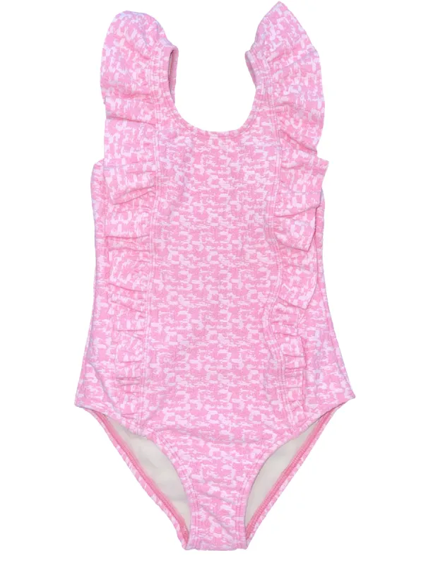 Little Adriana Ruffle One-Piece Swimsuit in Coral Weave- sold by Hermoza