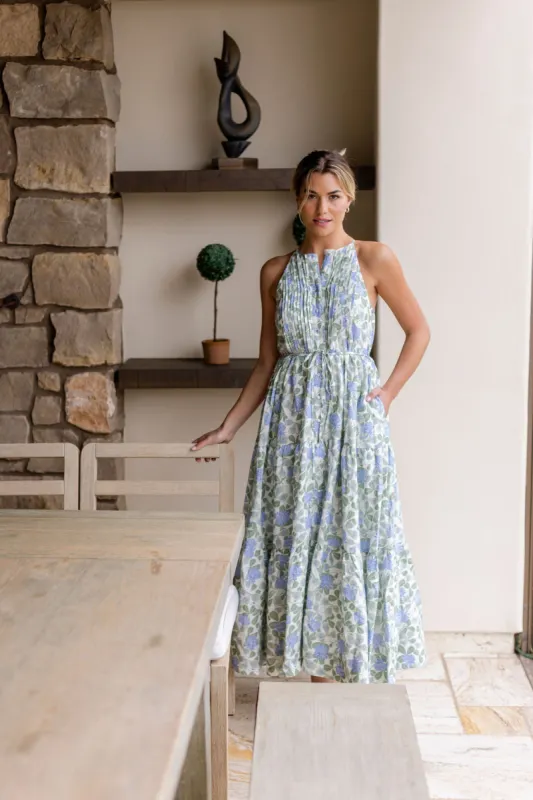 Hilde High Neck Halter Button Front Maxi Dress in Blue Floral - FINAL SALE made by Hermoza