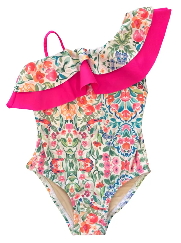 Little Katie Off-The-Shoulder One-Piece Swimsuit in Pink Tile- FINAL SALE sold by Hermoza