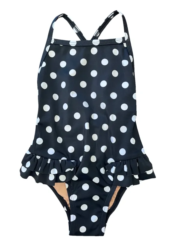 Little Clementine Criss-Cross Back Ruffle One-Piece Swimsuit in Polka sold by Hermoza