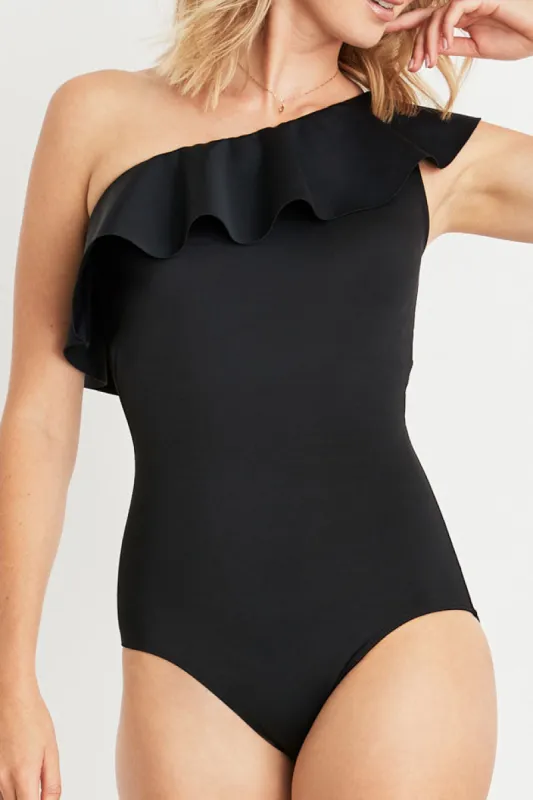 Vanessa Ruffle One Shoulder One-piece Swimsuit in Black made by Hermoza
