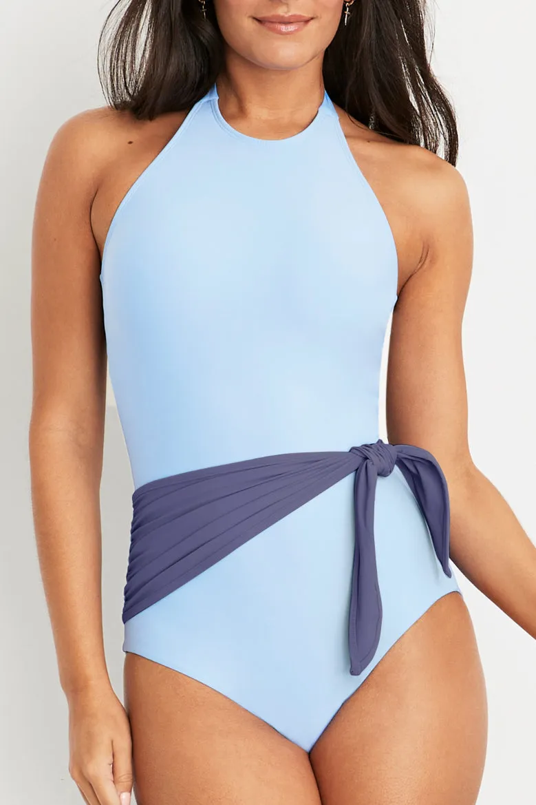 Genevieve High Halter Neck Sash Tie One-Piece Swimsuit sold by Hermoza