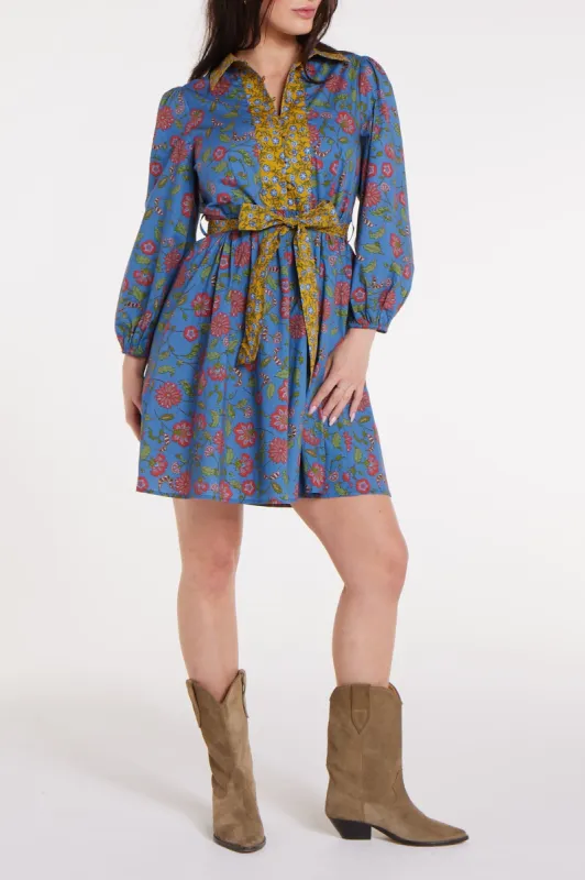 Halle Collared Belted Mini Dress in Blue Floral - FINAL SALE sold by Hermoza