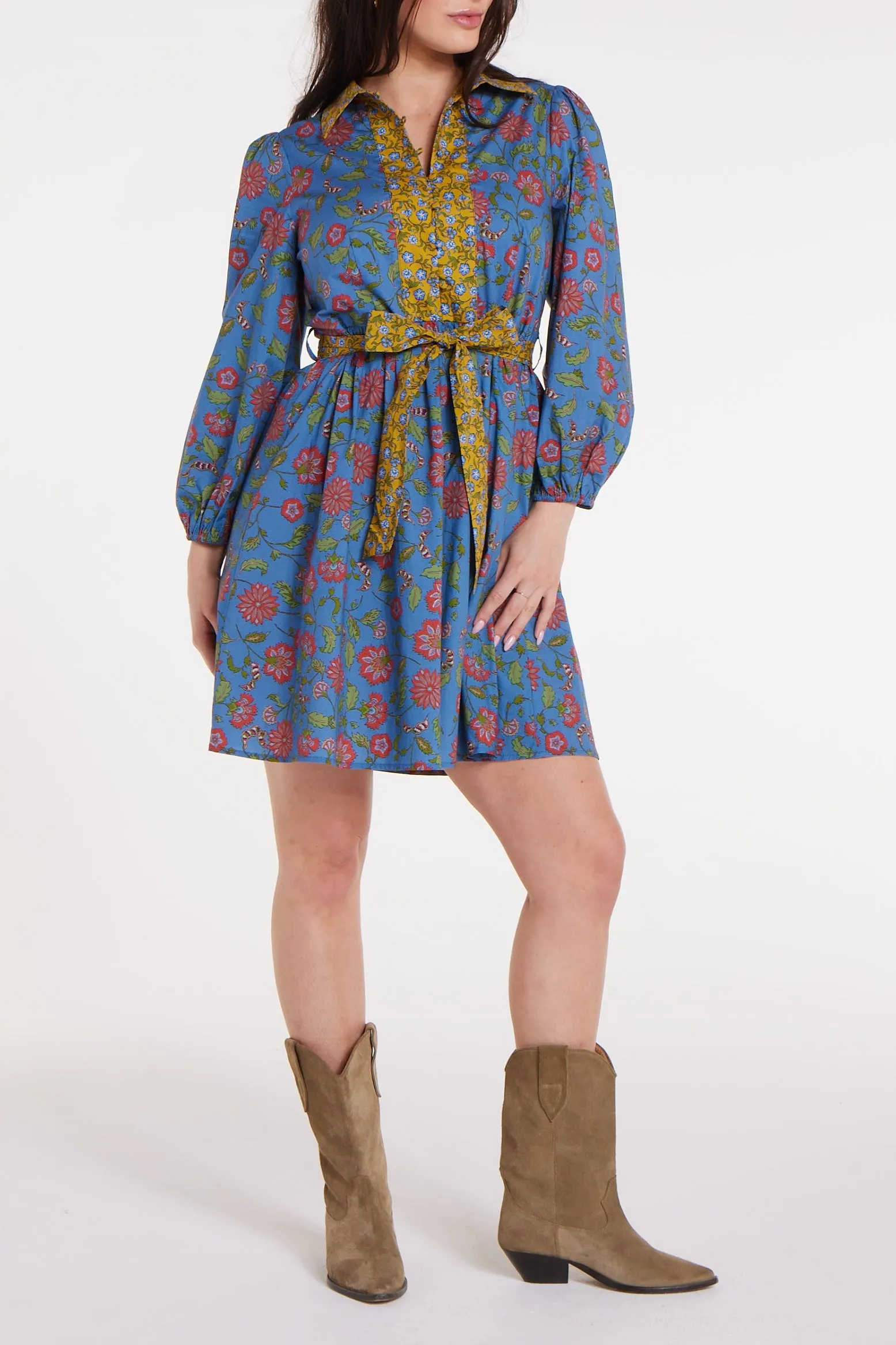 Halle Collared Belted Mini Dress in Blue Floral - FINAL SALE sold by Hermoza