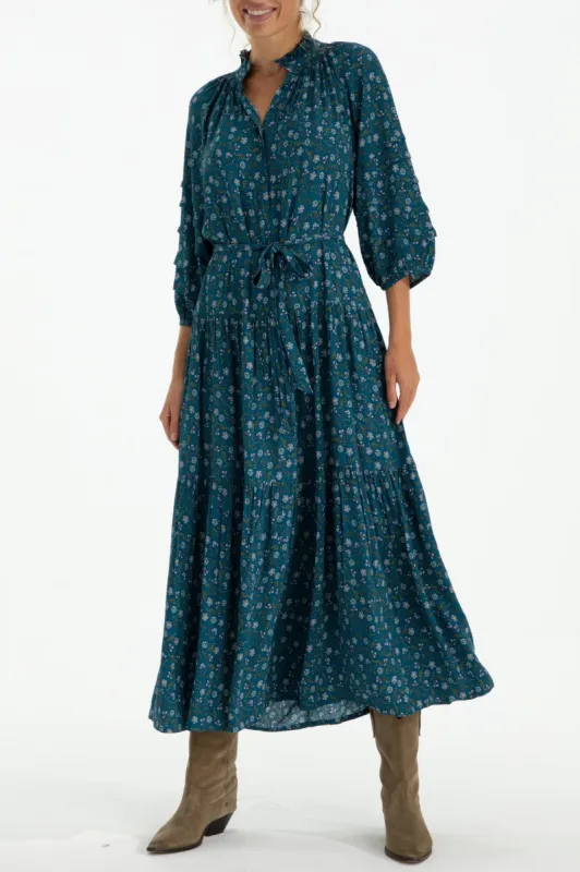 Zoey Jo Belted Tiered Maxi Dress in Teal Meadow sold by Hermoza
