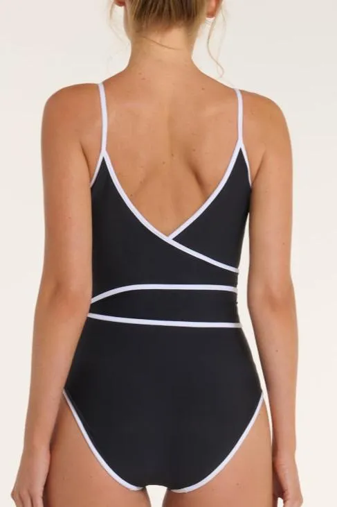 Amelia V-Neck Wrap One-Piece Swimsuit in Black and White sold by Hermoza product image thumbnail 2
