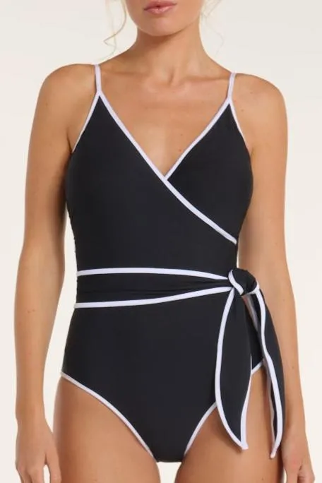 Amelia V-Neck Wrap One-Piece Swimsuit in Black and White sold by Hermoza
