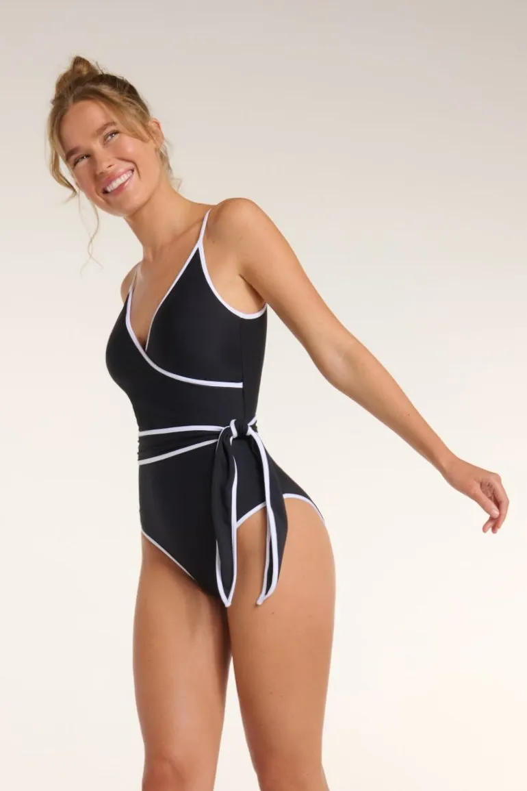 Amelia V-Neck Wrap One-Piece Swimsuit in Black and White sold by Hermoza product image thumbnail 4
