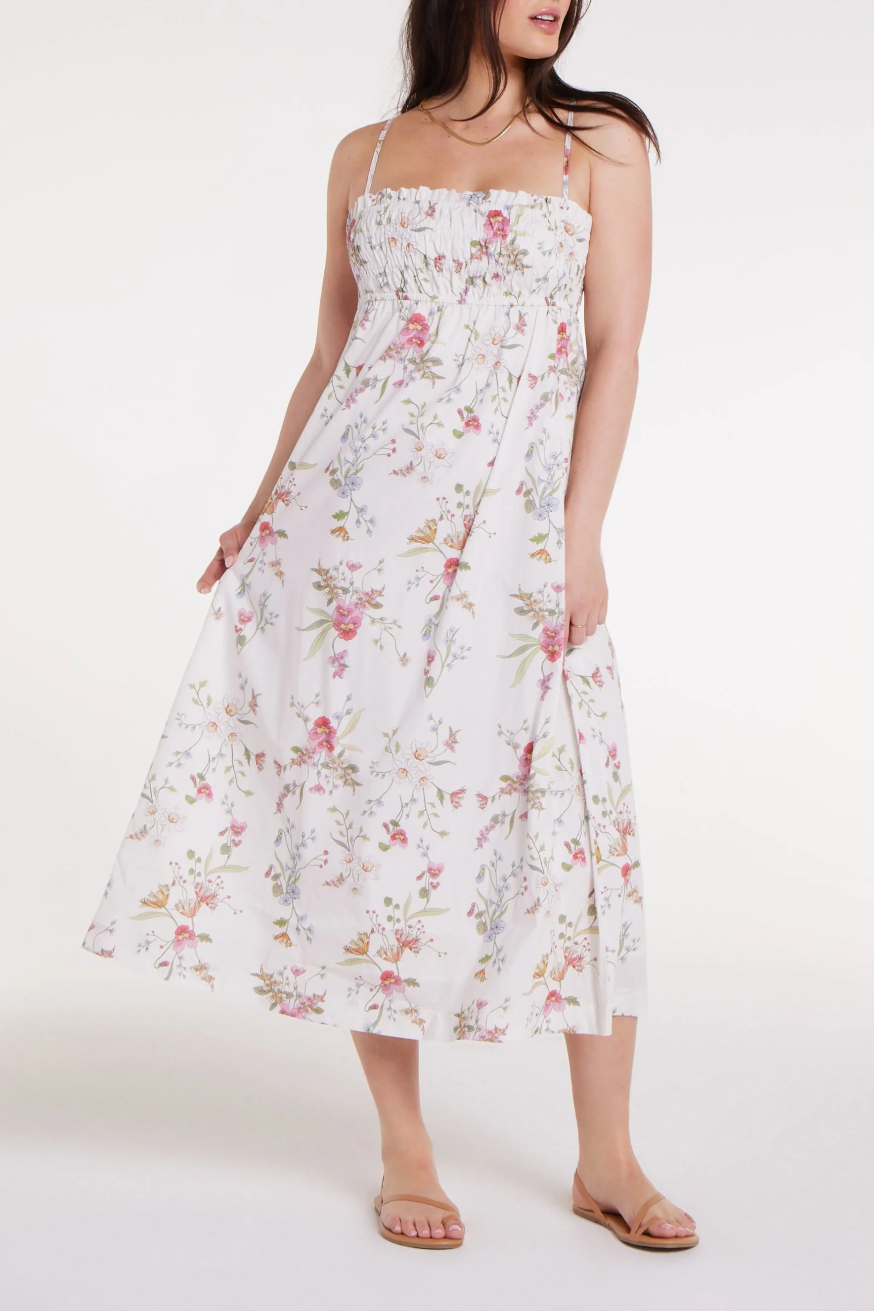Margot Smocked Spaghetti Strap Midi Dress in White Floral - FINAL SALE sold by Hermoza