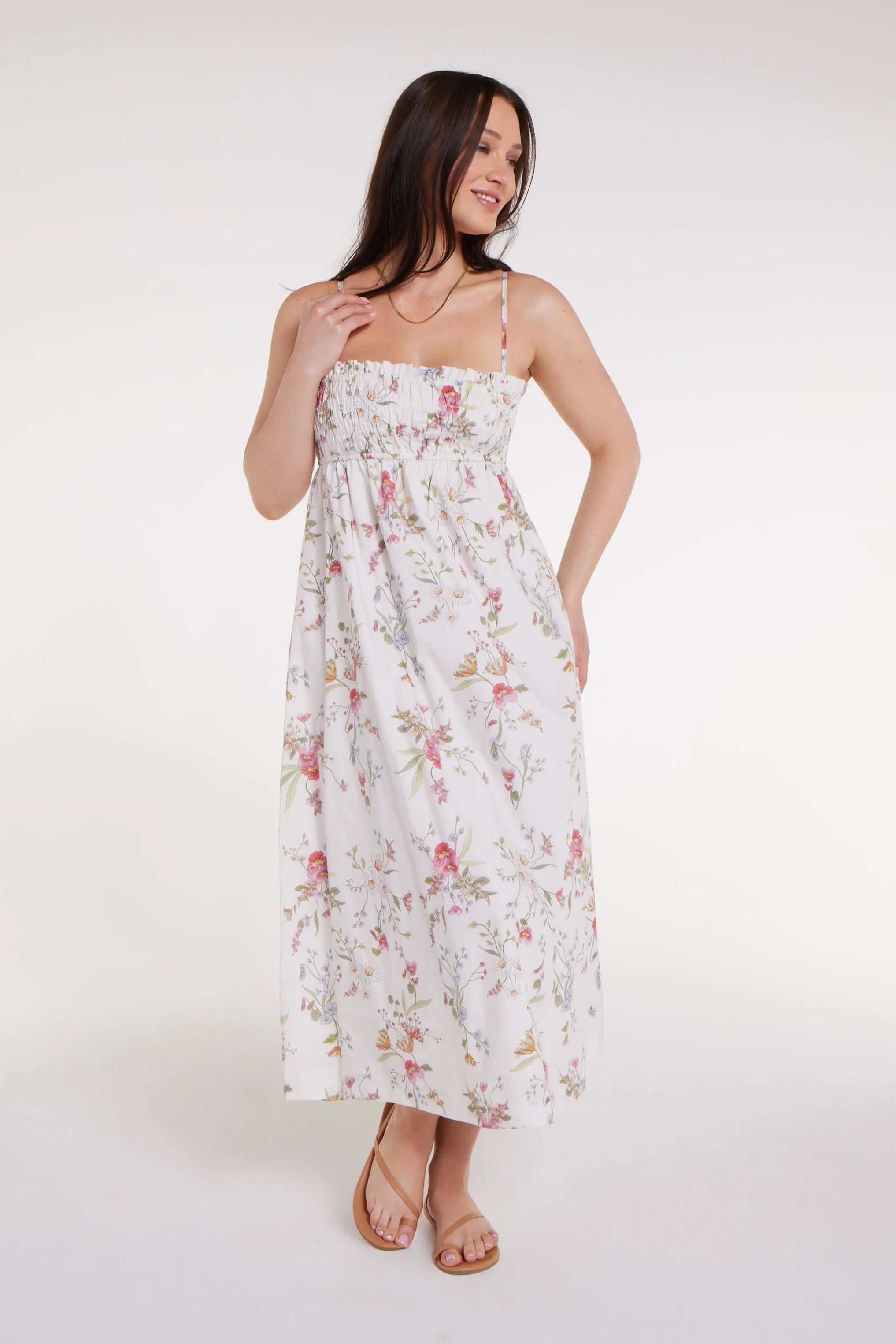 Margot Smocked Spaghetti Strap Midi Dress in White Floral - FINAL SALE sold by Hermoza product image thumbnail 3
