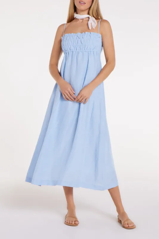 Margot Smocked Spaghetti Strap Midi Dress in Chambray Blue sold by Hermoza