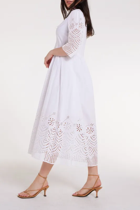 Francesca Collared Belted Maxi Dress in White Eyelet sold by Hermoza