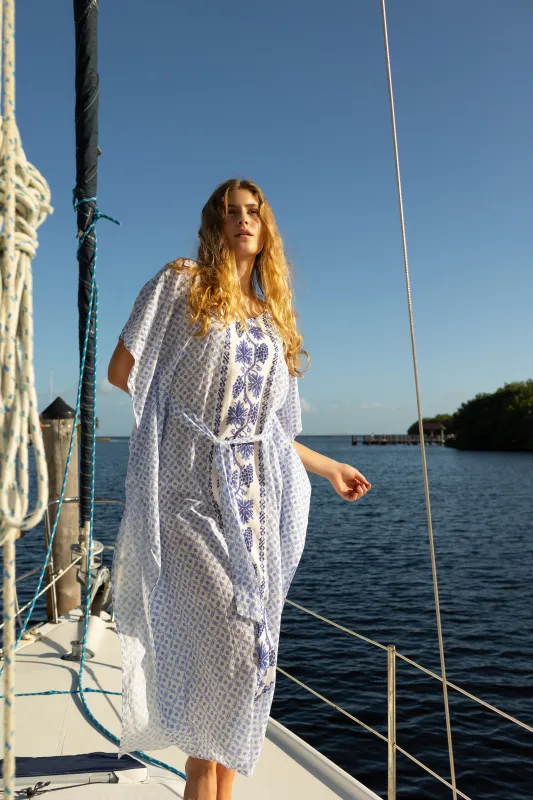 Carrie Caftan in Santorini Dots sold by Hermoza