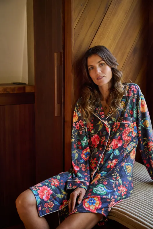 Cecilia Pajama Magnetic Dress in Blue Floral sold by Hermoza