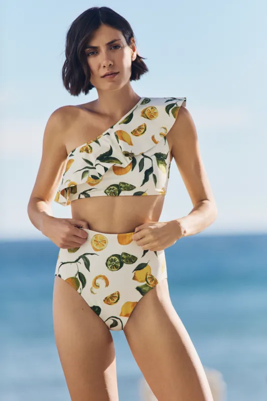 Vanessa One Shoulder Ruffle Two-Piece Bikini Top in Slice of Life made by Hermoza
