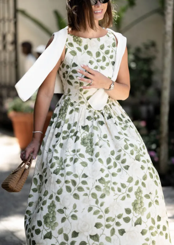 Victoria Boat Neck Linen Midi Dress in Roses on the Vine made by Hermoza