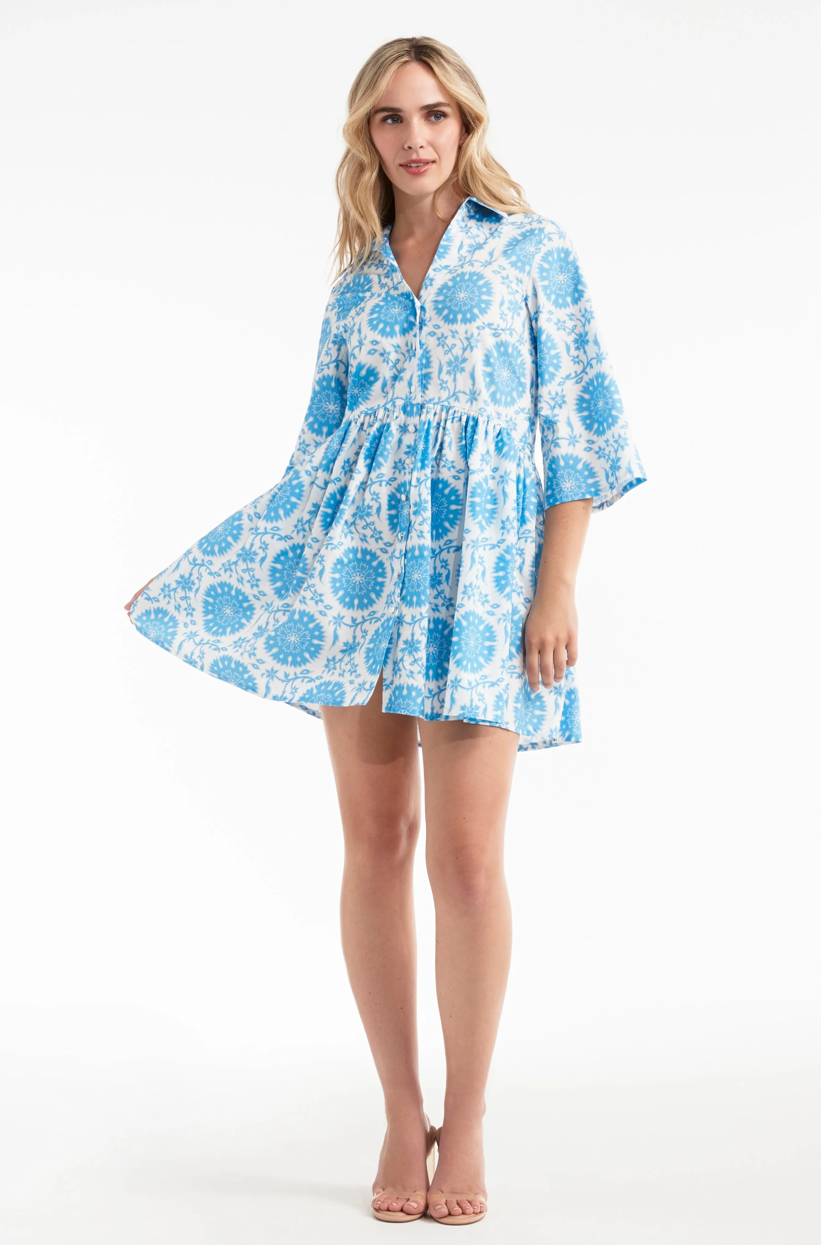 Katie Collared Mini Shirt Dress in Medallion Blue sold by Hermoza product image thumbnail 4