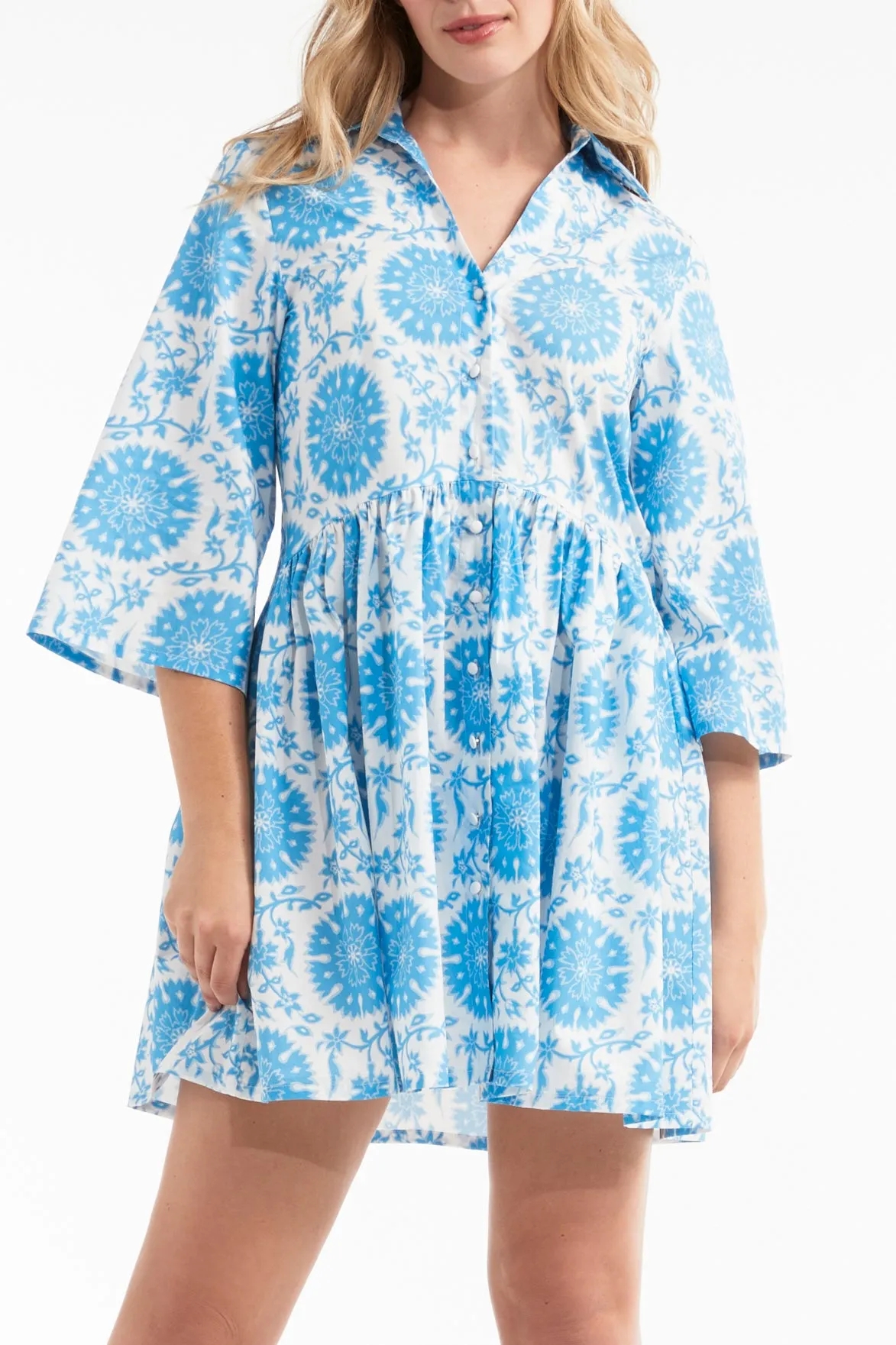 Katie Collared Mini Shirt Dress in Medallion Blue sold by Hermoza
