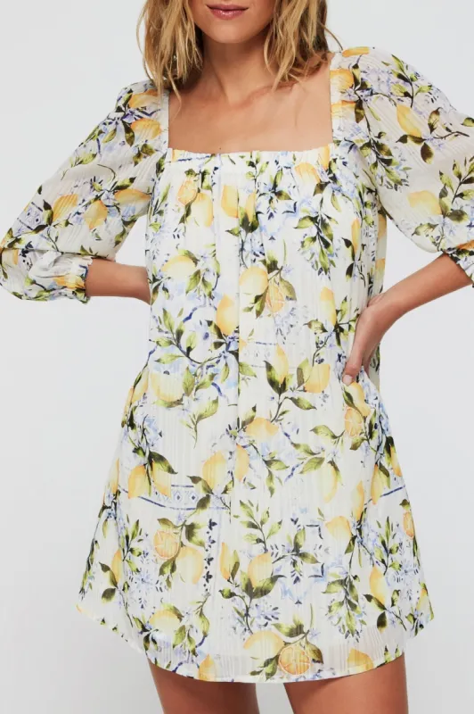Lina Long Sleeve Cover Up Mini Dress in Lemons sold by Hermoza