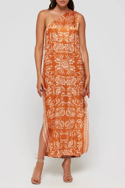 Giulia One Shoulder Silk Midi Dress in Sicilian Orange Blossom sold by Hermoza