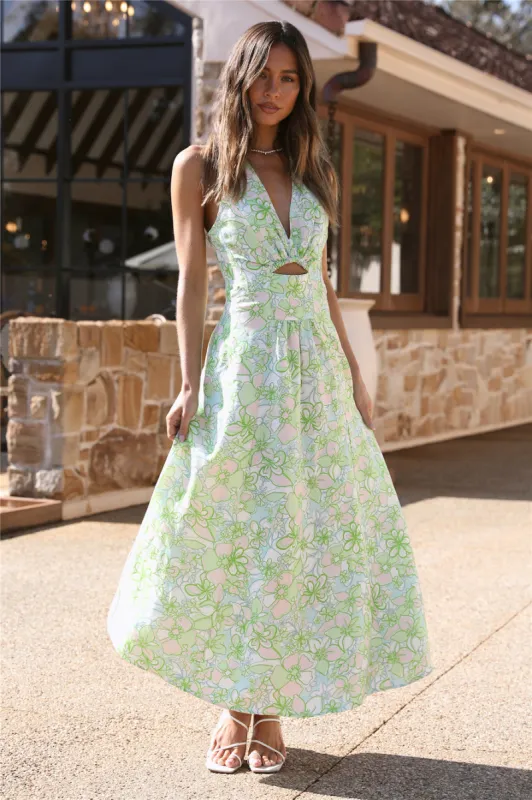 CMEO COLLECTIVE Far Away Midi Dress Green Apple Floral sold by Fortunate One