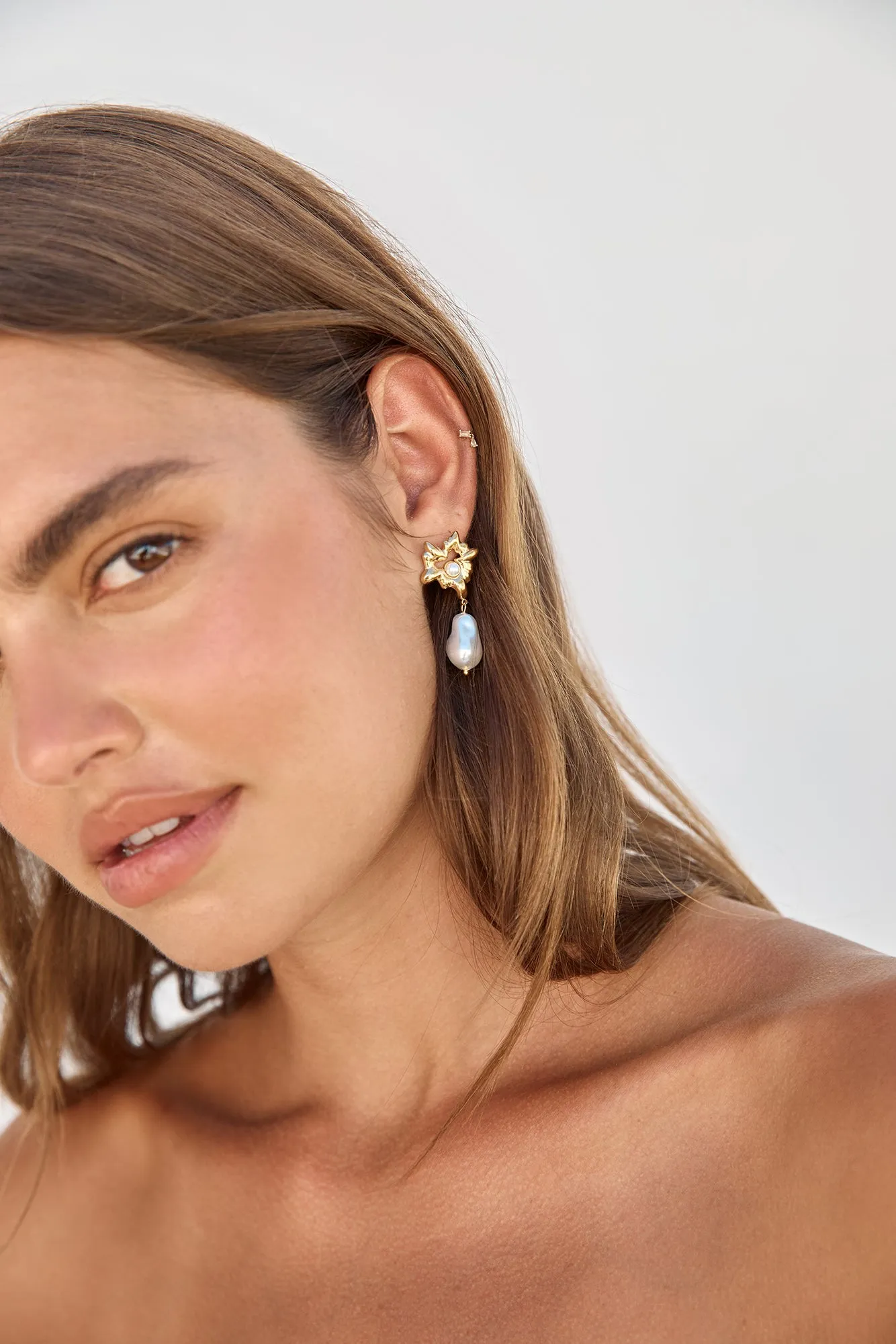 18K Gold Plated Pearl Gems Earrings Gold sold by Fortunate One