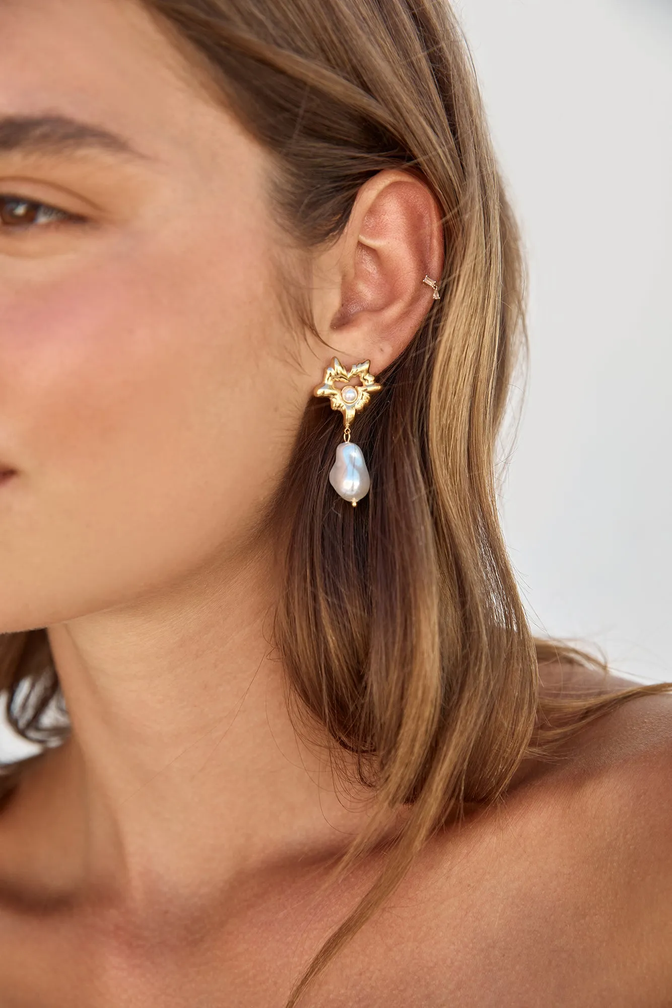 18K Gold Plated Pearl Gems Earrings Gold sold by Fortunate One product image thumbnail 3