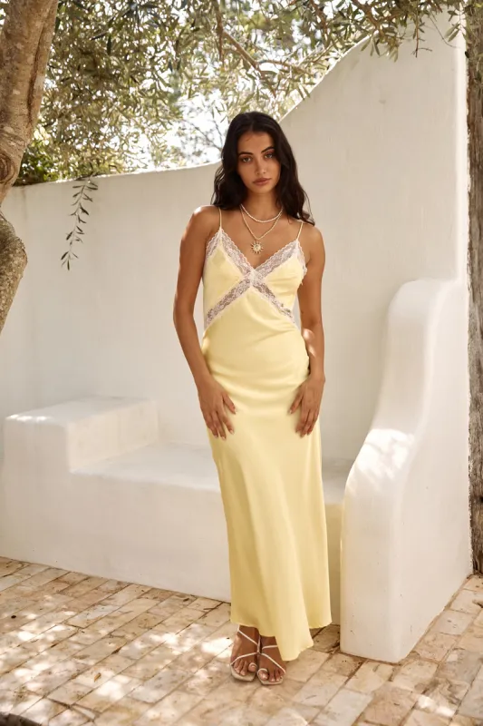Secret Admirer Satin Maxi Dress Yellow sold by Fortunate One