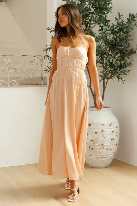 Heavenly Endeavours Satin Maxi Dress Peach sold by Fortunate One