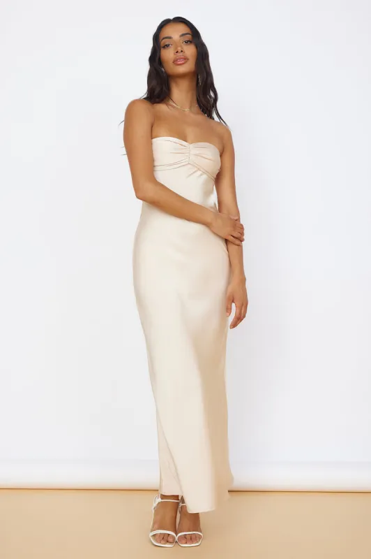 Start of Something New Satin Maxi Dress Beige sold by Fortunate One