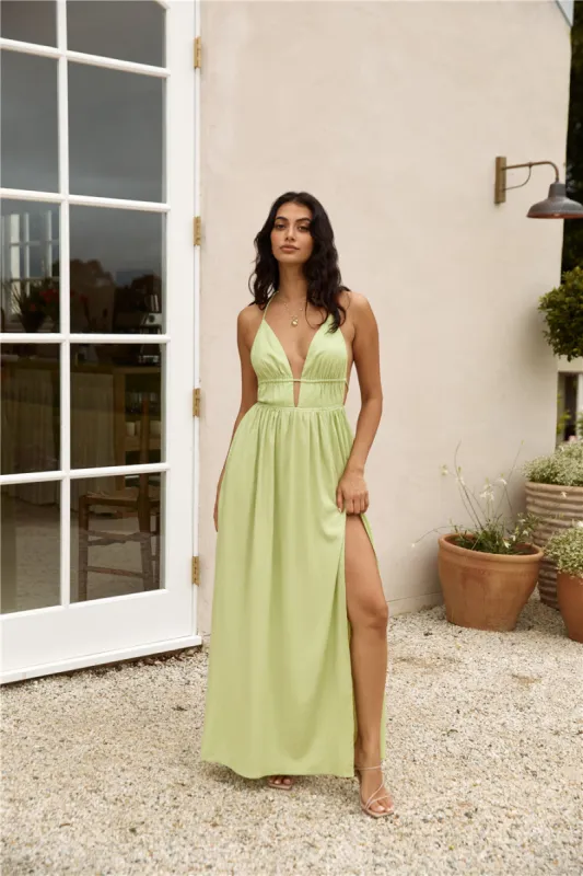 FORTUNATE ONE Isla Linen Halter Maxi Dress Green sold by Fortunate One