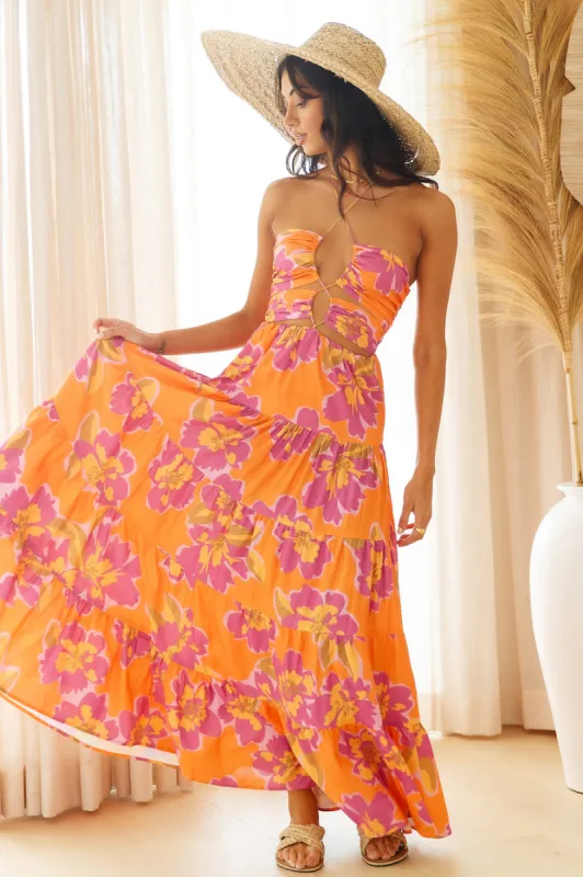 RUNAWAY THE LABEL Orchid Maxi Dress Orange Floral sold by Fortunate One