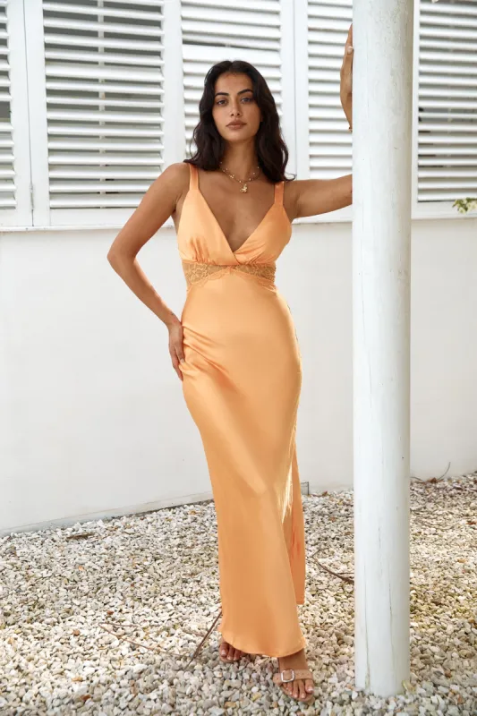 Drinks At Sunset Satin Maxi Dress Orange sold by Fortunate One