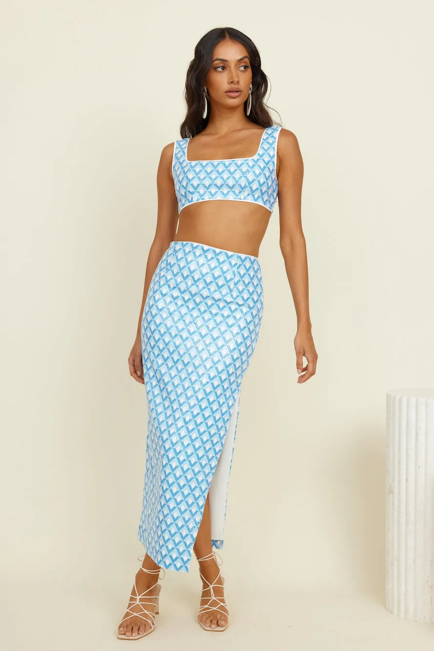 RUNAWAY THE LABEL Carla Midi Skirt Sky Geo Print sold by Fortunate One