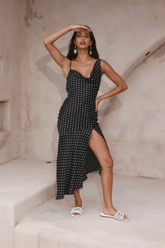 HELLO MOLLY Dotted Moment Satin Polka Dot Midi Dress Black sold by Fortunate One