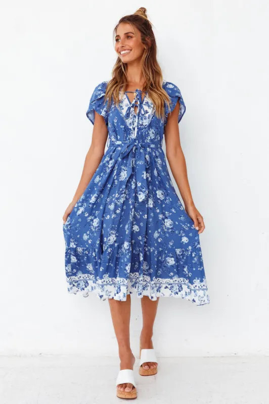 Wind Flower Midi Dress Blue sold by Fortunate One